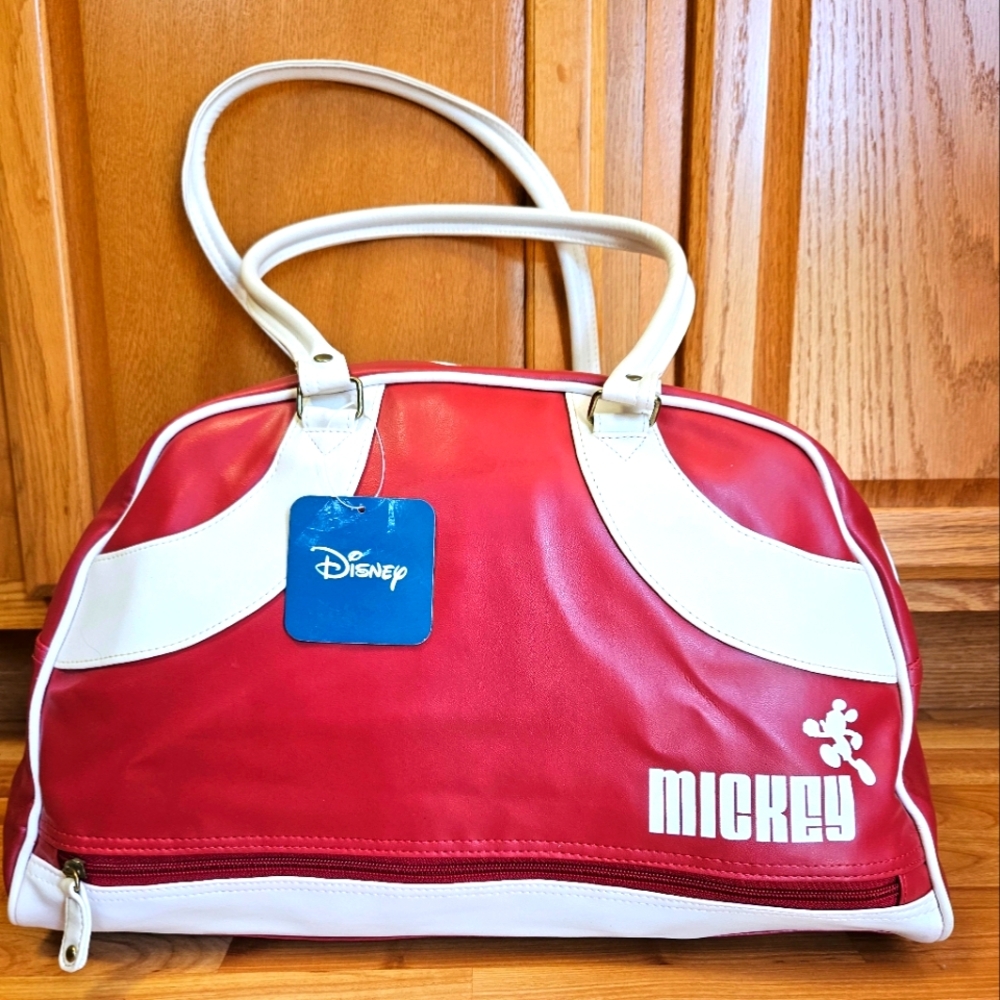 Vintage Disney Mickey Mouse Vinyl Duffle Bag Red/White Travel/Gym/Weekender.